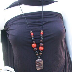 Aborigine Brown Jasper Stone and Wood Bead Necklace Handmade One Of A Kind